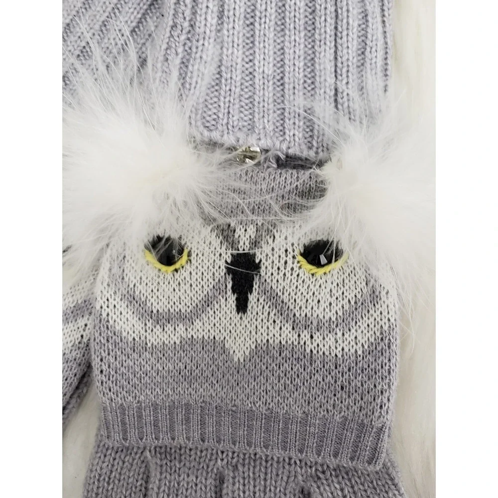 KATE SPADE NEW YORK WHIMSICAL OWL MITTENS‎ GRAY FAUX FUR GLAM ANIMAL